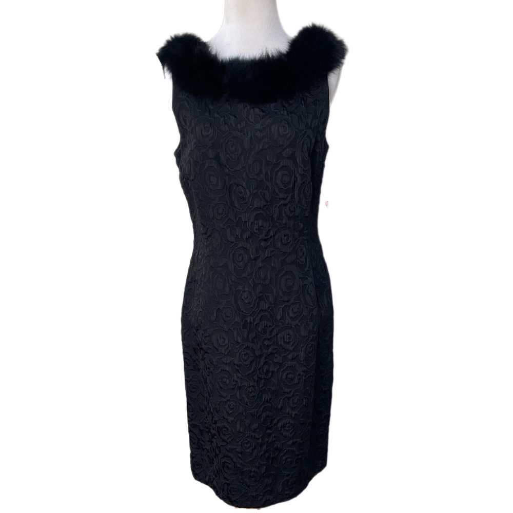 TAYLOR Black Floral Jacquard Sleeveless Sheath Dress with Fox Fur Trim Neckline